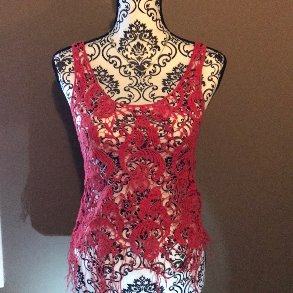Orange Lace Tank w/ fringes/ can be layered